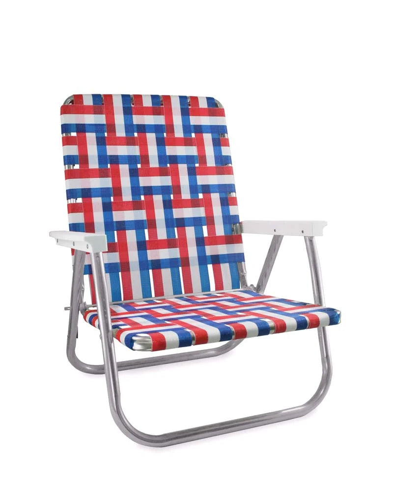 Folding Beach Chair in Retro Red, White and Blue Aluminum