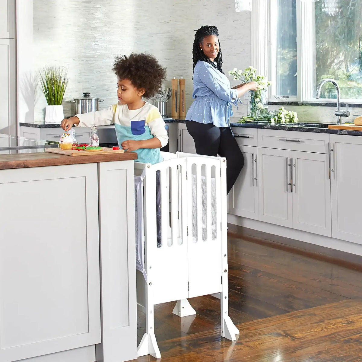 Folding Toddler Kitchen Tower with an Adjustable Platform for Counter Height Activities and Flat Storage