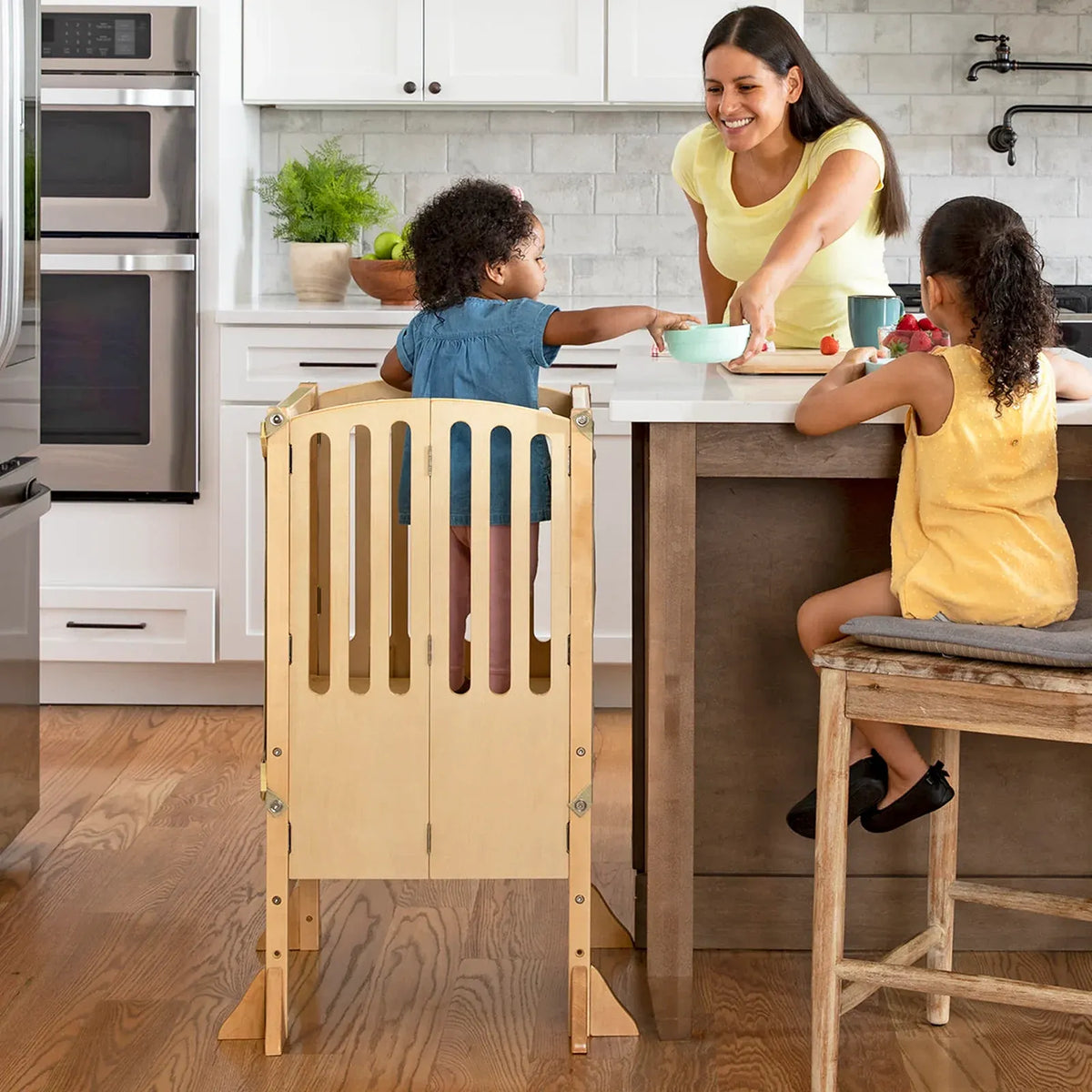 Folding Toddler Kitchen Tower with an Adjustable Platform for Counter Height Activities and Flat Storage