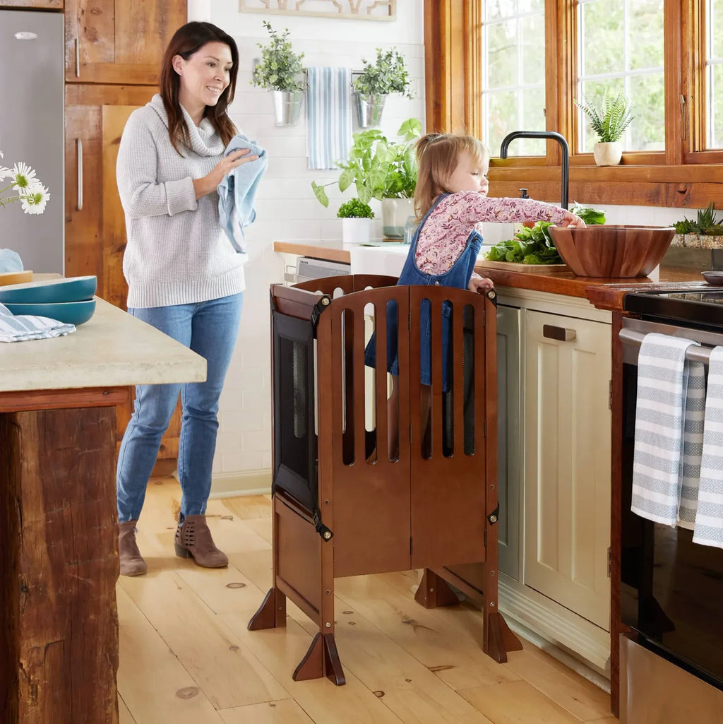 Folding Toddler Kitchen Tower with an Adjustable Platform for Counter Height Activities and Flat Storage
