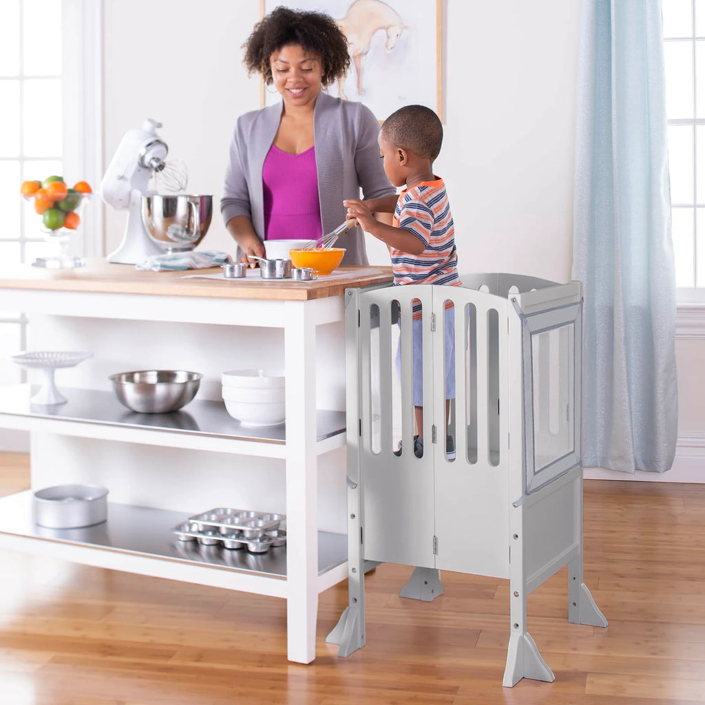 Folding Toddler Kitchen Tower with an Adjustable Platform for Counter Height Activities and Flat Storage