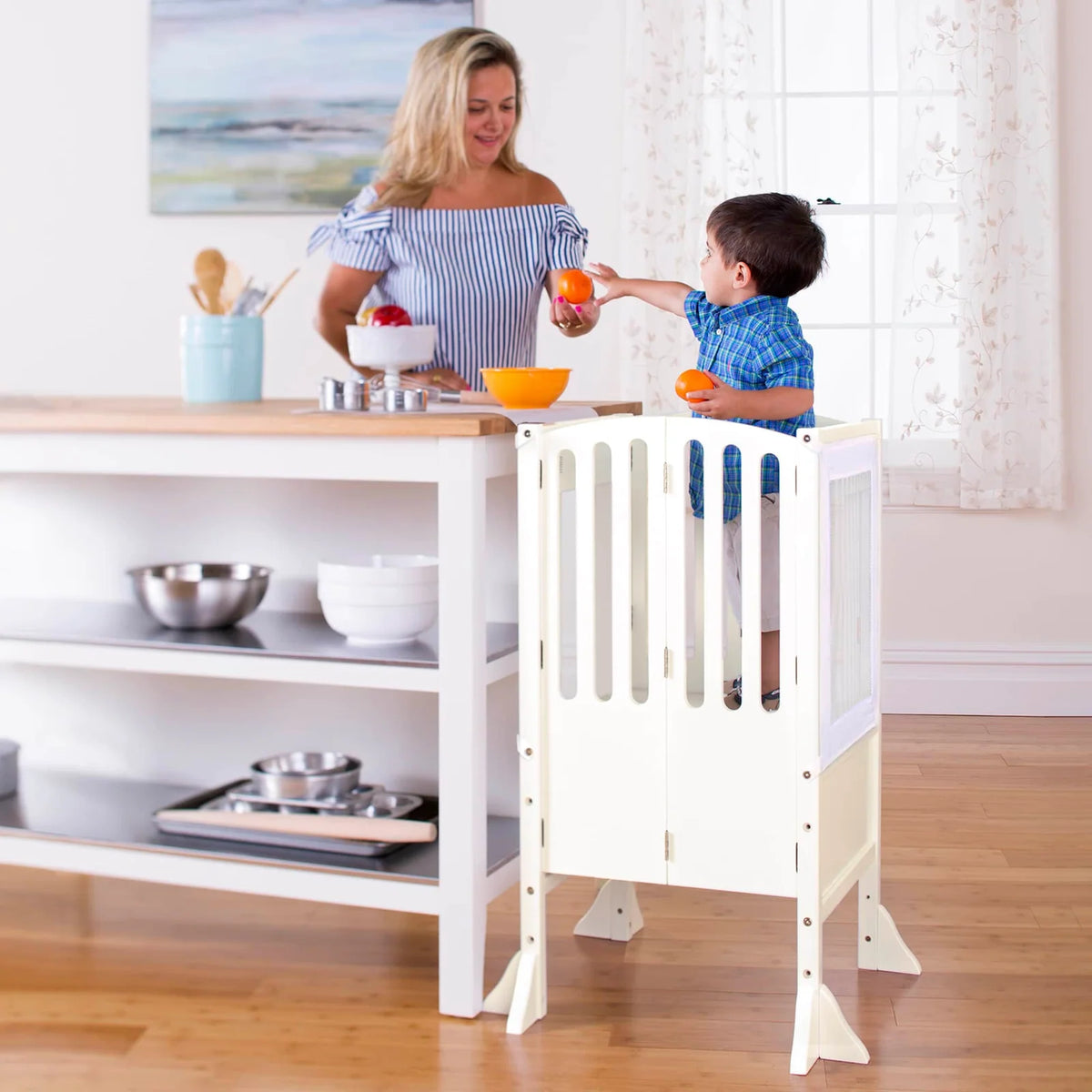 Folding Toddler Kitchen Tower with an Adjustable Platform for Counter Height Activities and Flat Storage