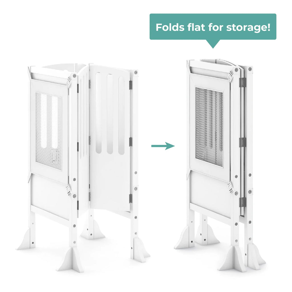 Folding Toddler Kitchen Tower with an Adjustable Platform for Counter Height Activities and Flat Storage