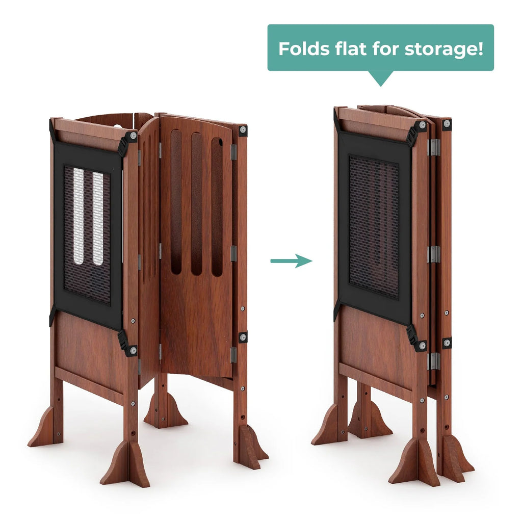 Folding Toddler Kitchen Tower with an Adjustable Platform for Counter Height Activities and Flat Storage