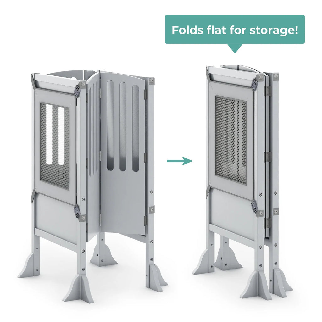 Folding Toddler Kitchen Tower with an Adjustable Platform for Counter Height Activities and Flat Storage