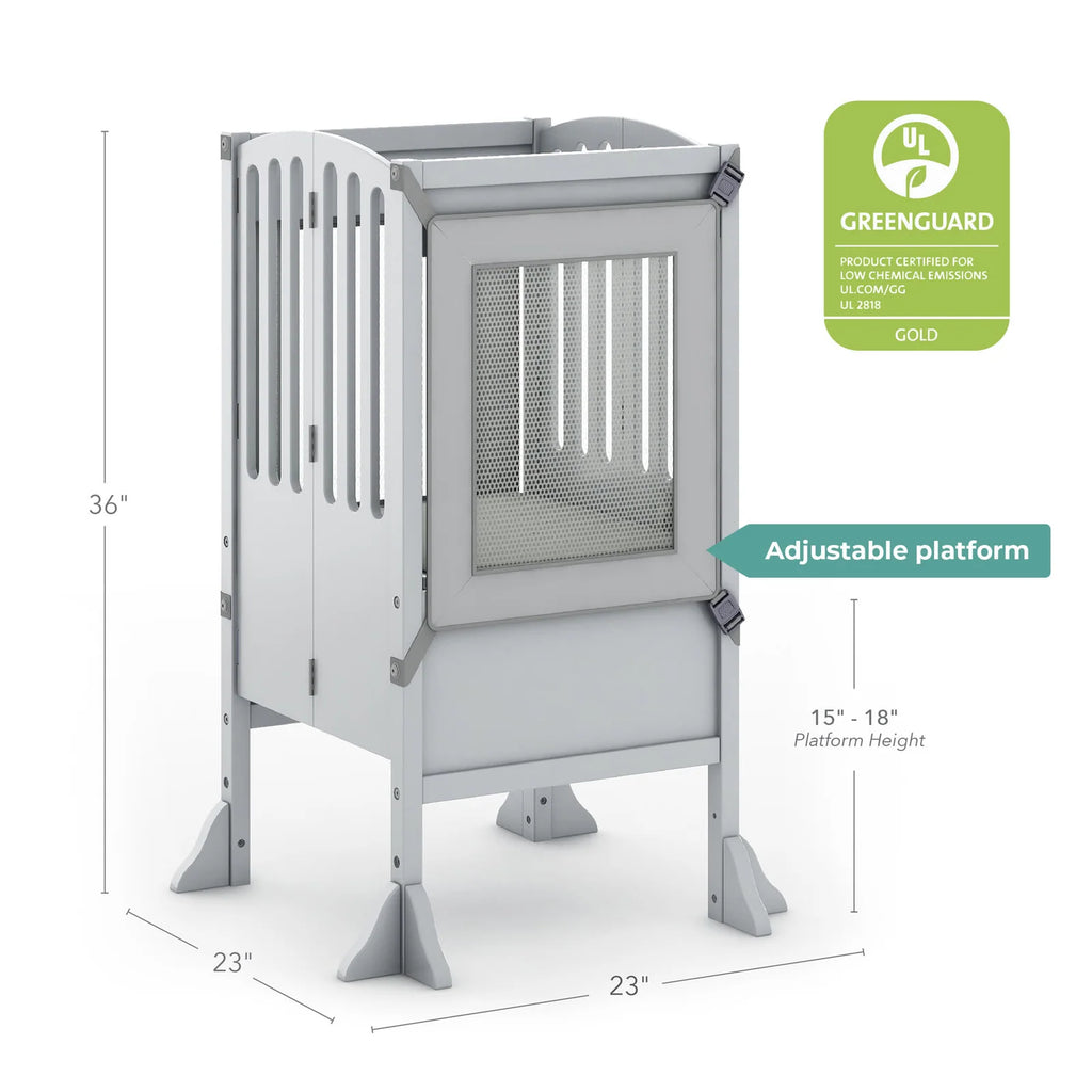 Folding Toddler Kitchen Tower with an Adjustable Platform for Counter Height Activities and Flat Storage