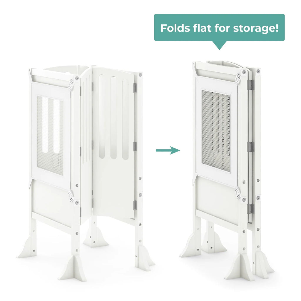 Folding Toddler Kitchen Tower with an Adjustable Platform for Counter Height Activities and Flat Storage