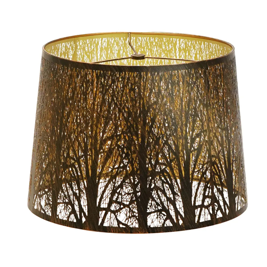 Forest Etched Metal Lampshade for Compatible Floor and Table Lamps, 12 x 14 x 10 Inches, Gold Interior — Bronze and Gold