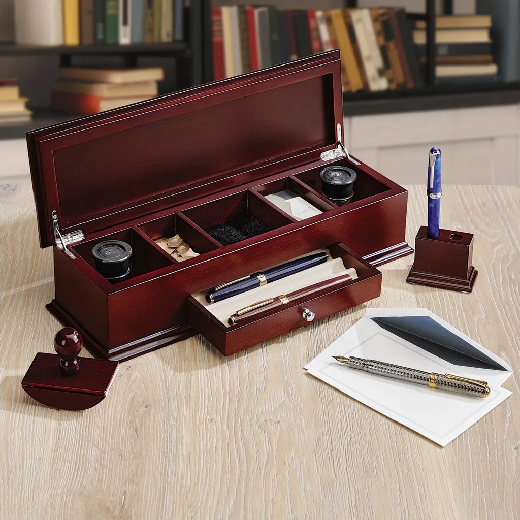 Fountain Pen Organizer Case with Matching Two-Pen Stand and Velvet-Lined Storage for Writing Essentials