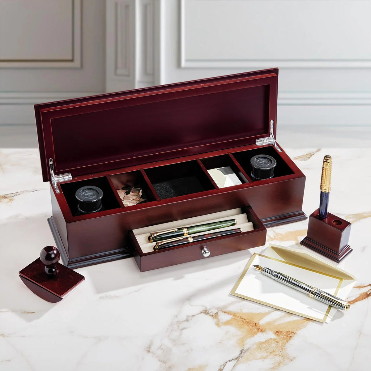 Fountain Pen Organizer Case with Matching Two-Pen Stand and Velvet-Lined Storage for Writing Essentials