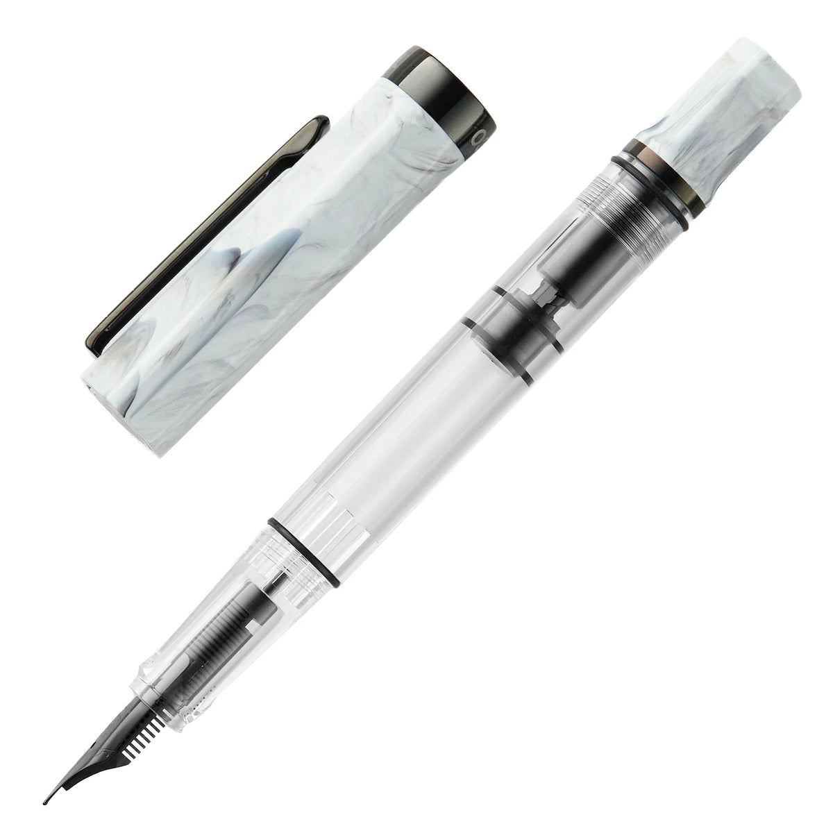 Fountain Pen with Crystal Clear Piston Barrel, Carrara Marbled Pattern and Five Nib Sizes for Everyday Writing
