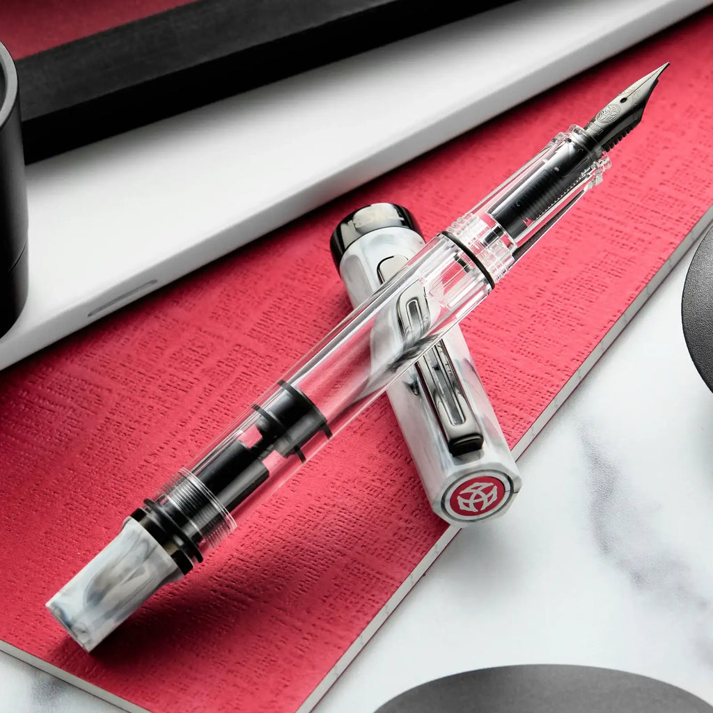 Fountain Pen with Crystal Clear Piston Barrel, Carrara Marbled Pattern and Five Nib Sizes for Everyday Writing