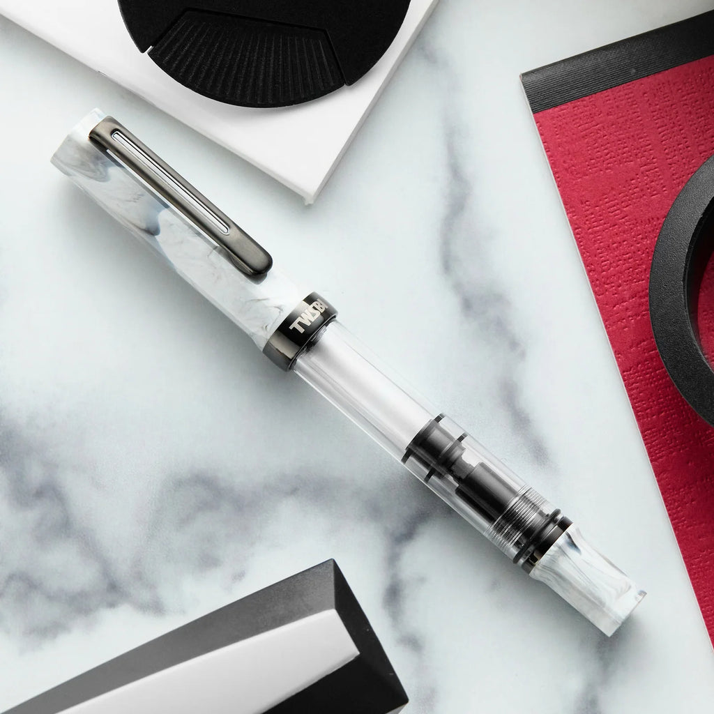 Fountain Pen with Crystal Clear Piston Barrel, Carrara Marbled Pattern and Five Nib Sizes for Everyday Writing