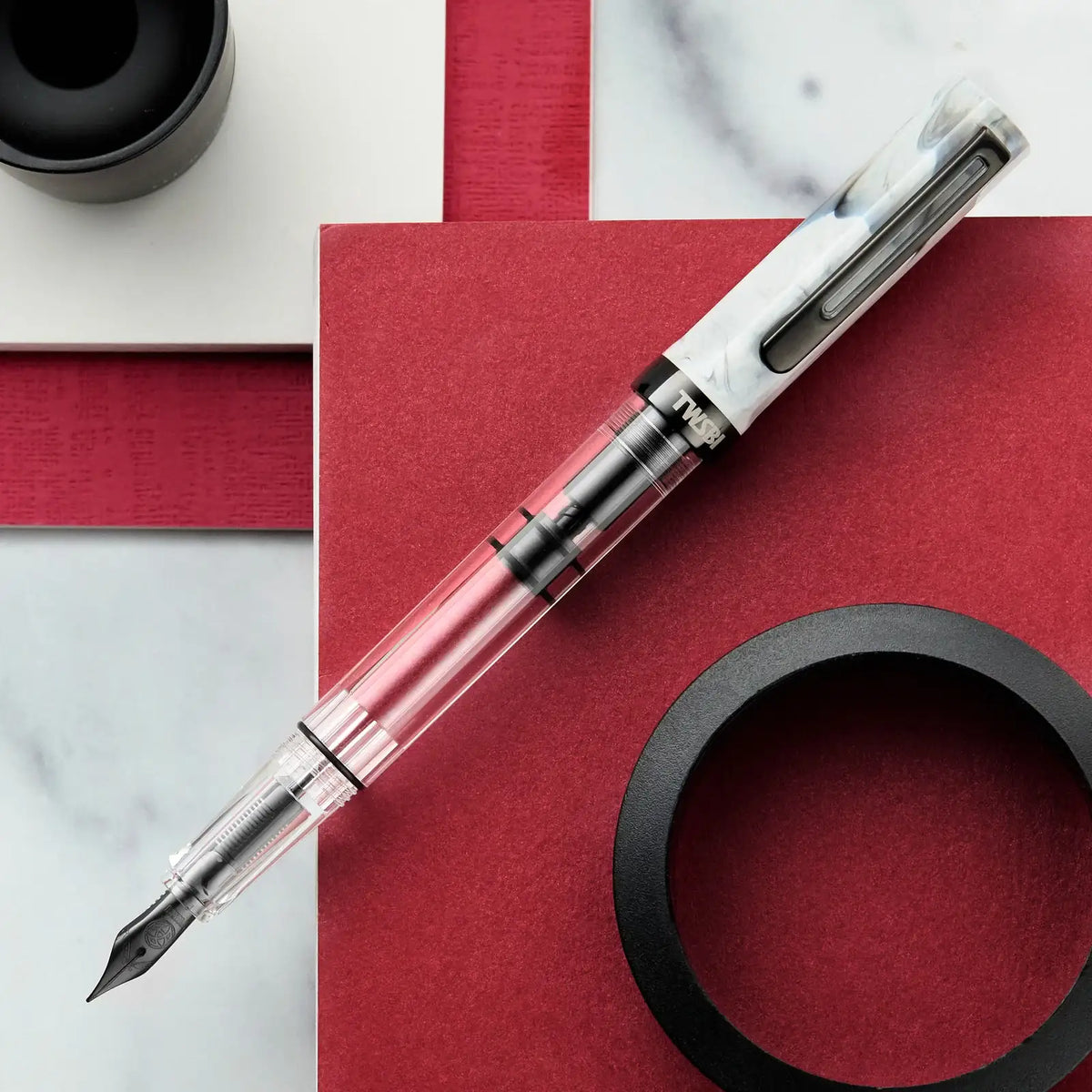 Fountain Pen with Crystal Clear Piston Barrel, Carrara Marbled Pattern and Five Nib Sizes for Everyday Writing