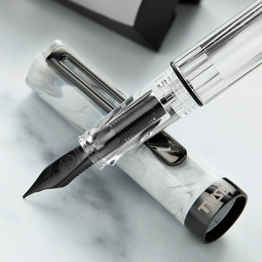 Fountain Pen with Crystal Clear Piston Barrel, Carrara Marbled Pattern and Five Nib Sizes for Everyday Writing