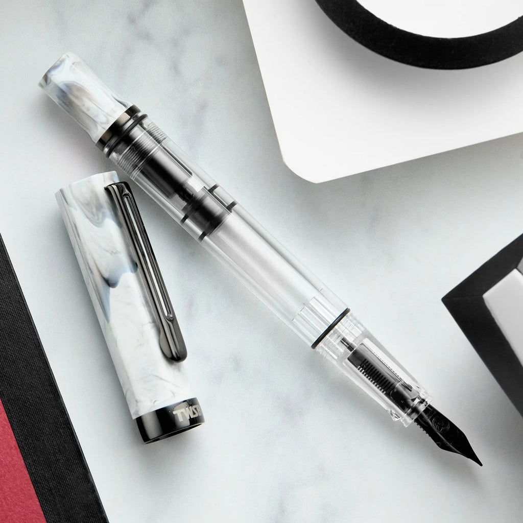 Fountain Pen with Crystal Clear Piston Barrel, Carrara Marbled Pattern and Five Nib Sizes for Everyday Writing