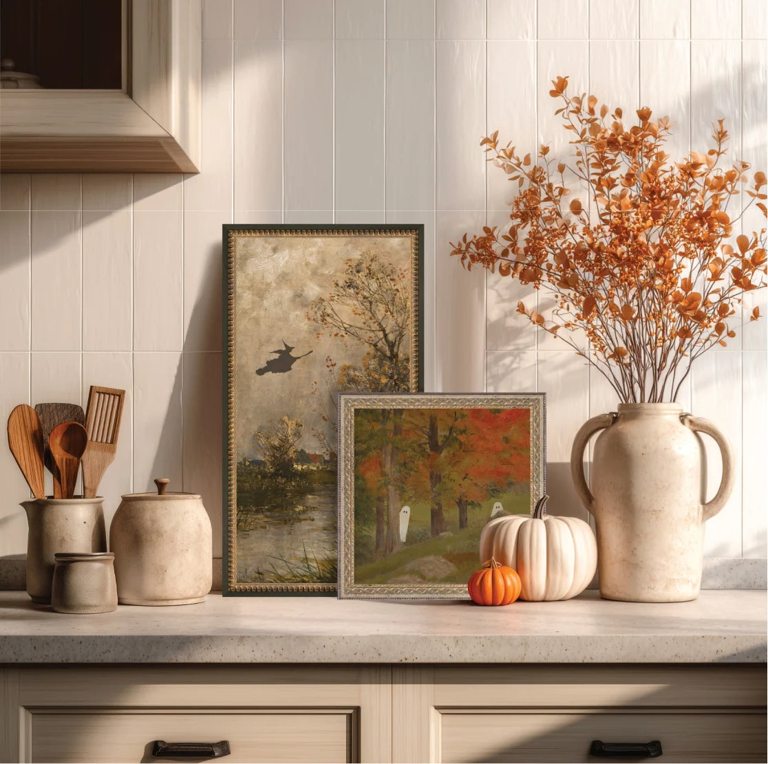 Framed Flying Witch Canvas Print with a Quiet Marshland Landscape and Soft Autumn Tones for Halloween
