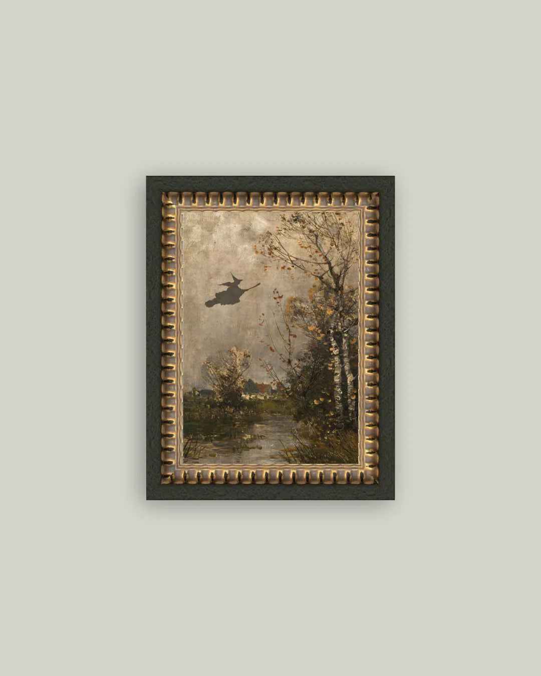Framed Flying Witch Canvas Print with a Quiet Marshland Landscape and Soft Autumn Tones for Halloween — 5x7