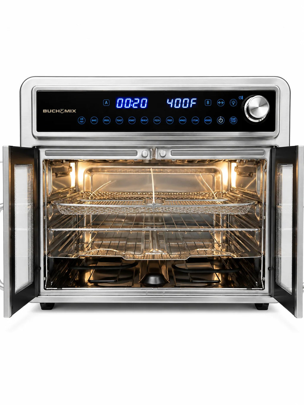 French Door Air Fryer Oven, 30-Quart Capacity and Dual Independent Cooking Compartments for Family Meals