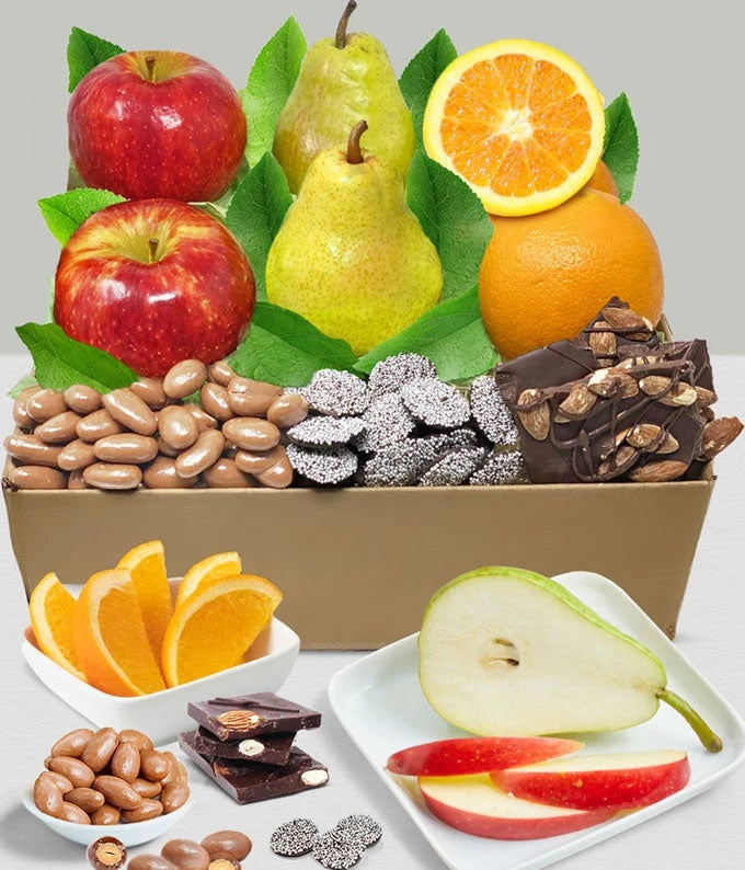 Fruit and Belgian Chocolate Sympathy Gift Box with Fresh Apples, Pears, Oranges, and a Personal Card
