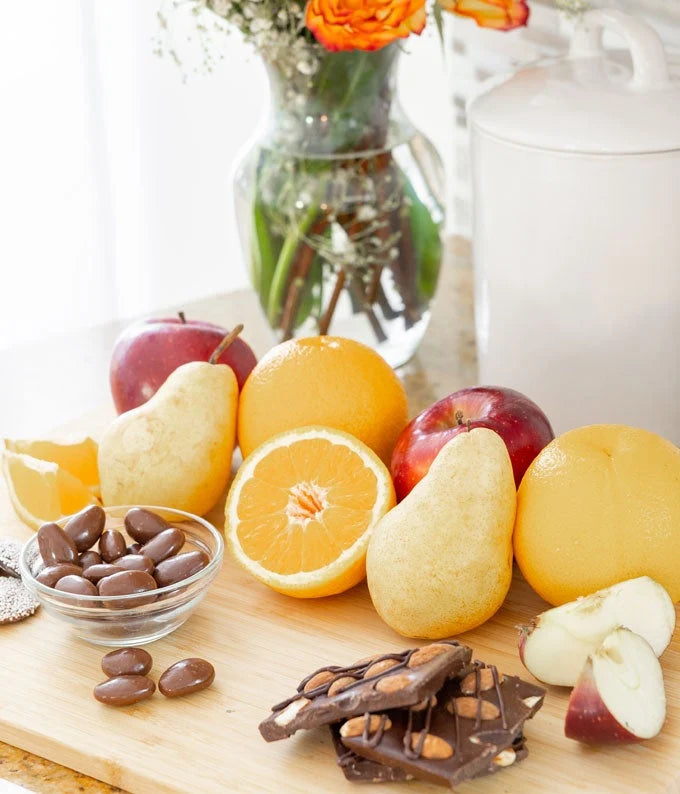 Fruit and Belgian Chocolate Sympathy Gift Box with Fresh Apples, Pears, Oranges, and a Personal Card