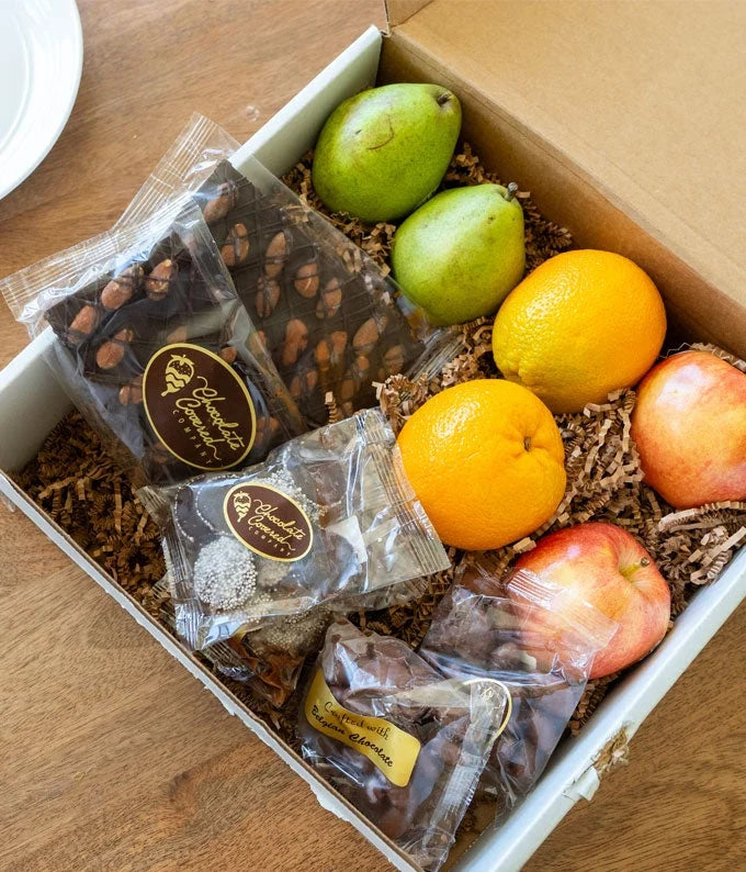 Fruit and Belgian Chocolate Sympathy Gift Box with Fresh Apples, Pears, Oranges, and a Personal Card