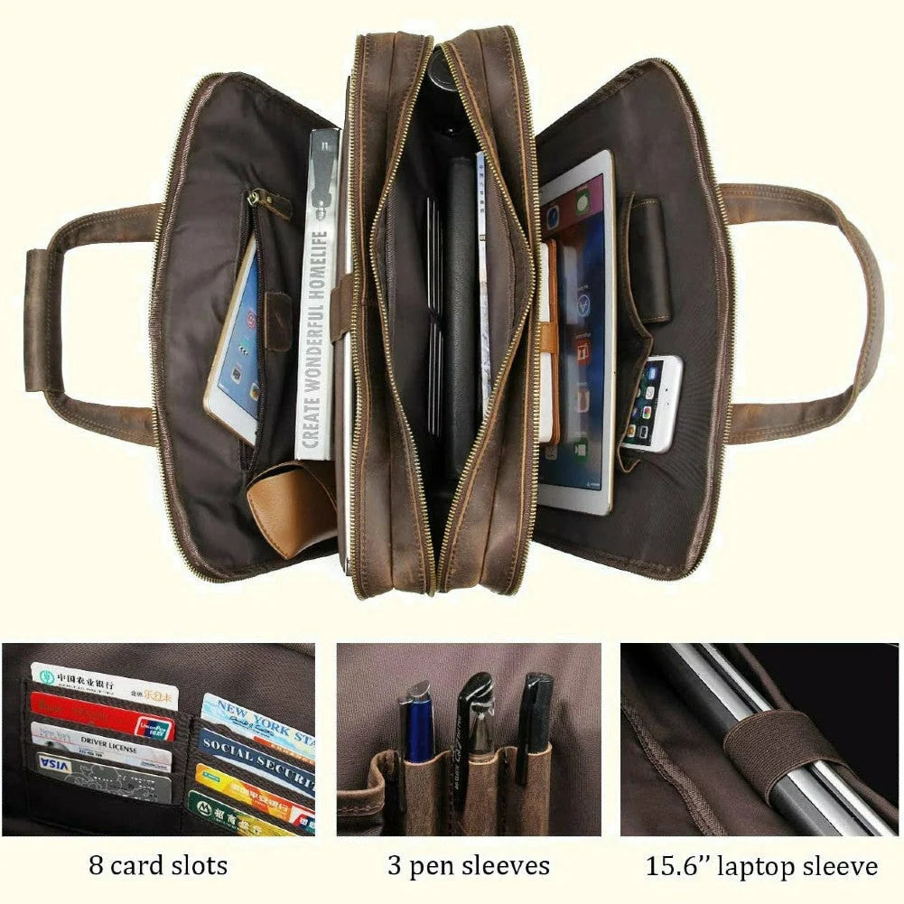 Full-Grain Buffalo Leather Briefcase with Vintage Character, YKK Zippers and 15 or 17 Inch Size