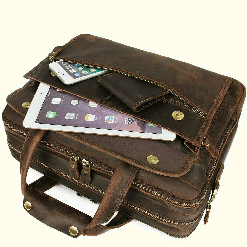 Full-Grain Buffalo Leather Briefcase with Vintage Character, YKK Zippers and 15 or 17 Inch Size