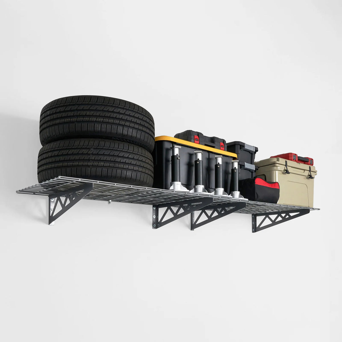 Garage Wall Organizer Shelving, 24 x 48 Inch Two-Shelf Rack with Four Hooks and Hammertone or White Finish