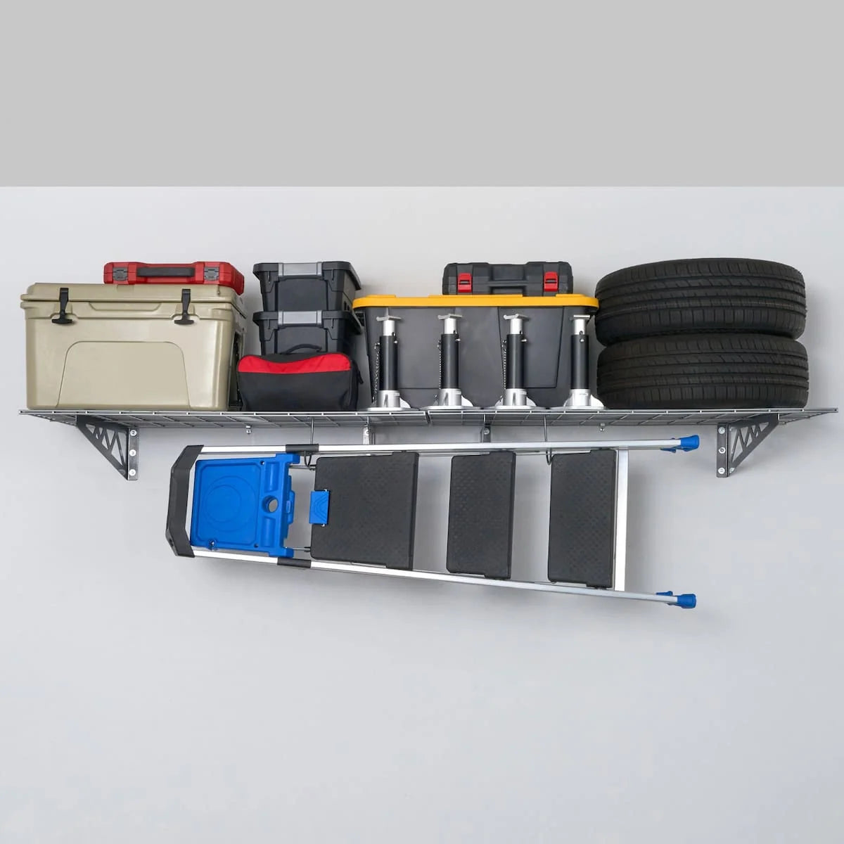 Garage Wall Organizer Shelving, 24 x 48 Inch Two-Shelf Rack with Four Hooks and Hammertone or White Finish