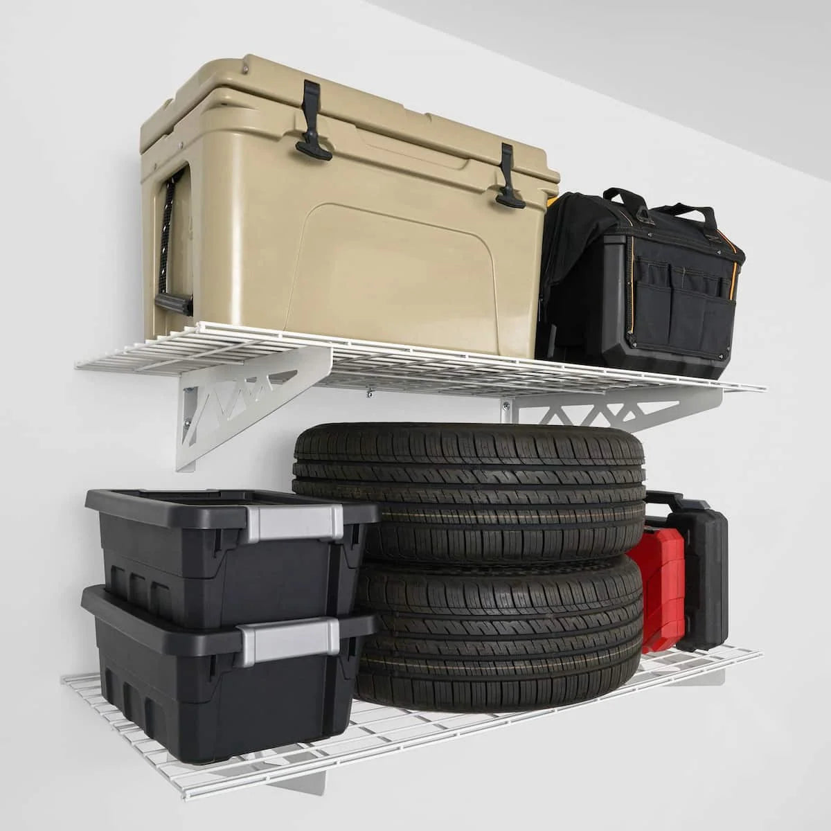 Garage Wall Organizer Shelving, 24 x 48 Inch Two-Shelf Rack with Four Hooks and Hammertone or White Finish