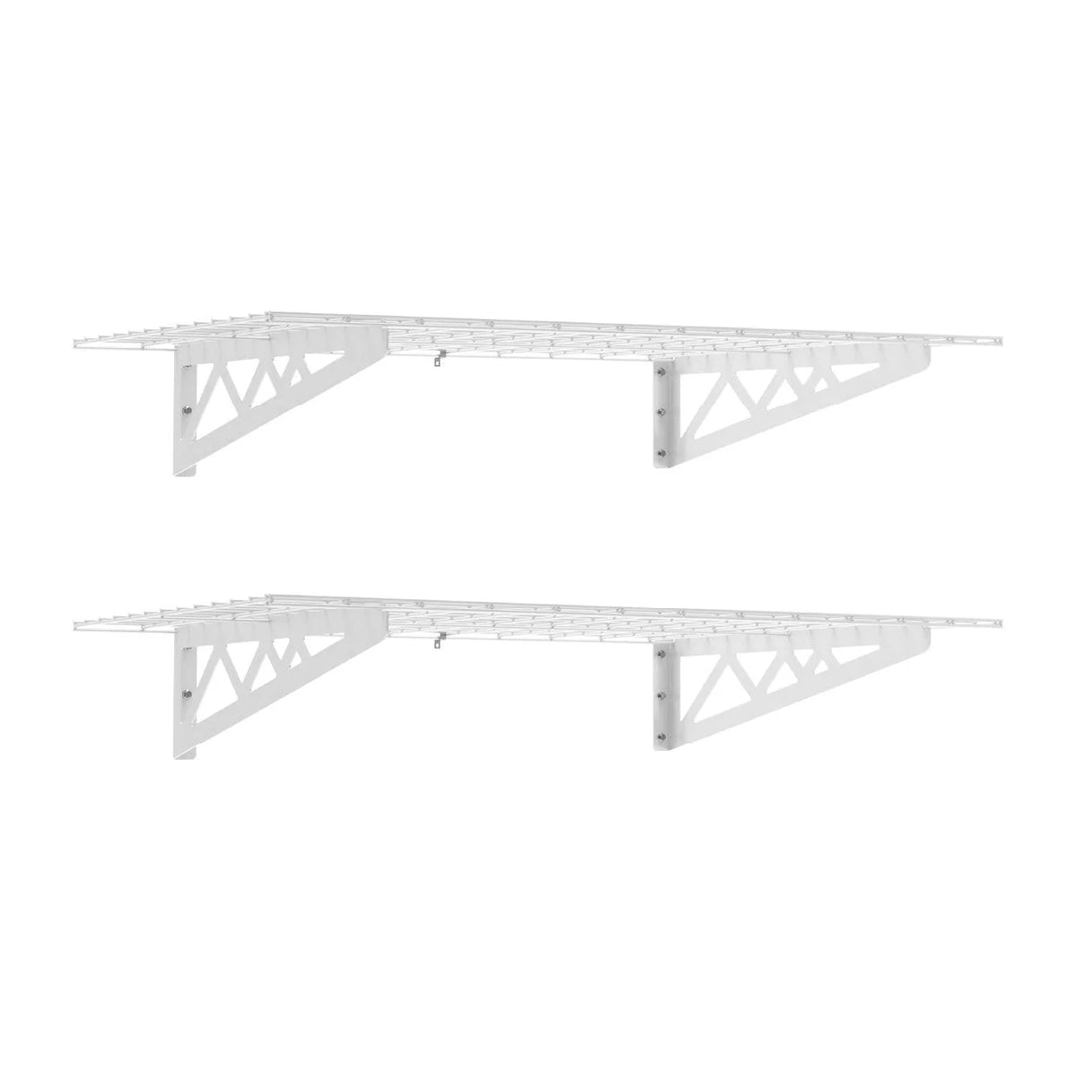 Garage Wall Organizer Shelving, 24 x 48 Inch Two-Shelf Rack with Four Hooks and Hammertone or White Finish — White