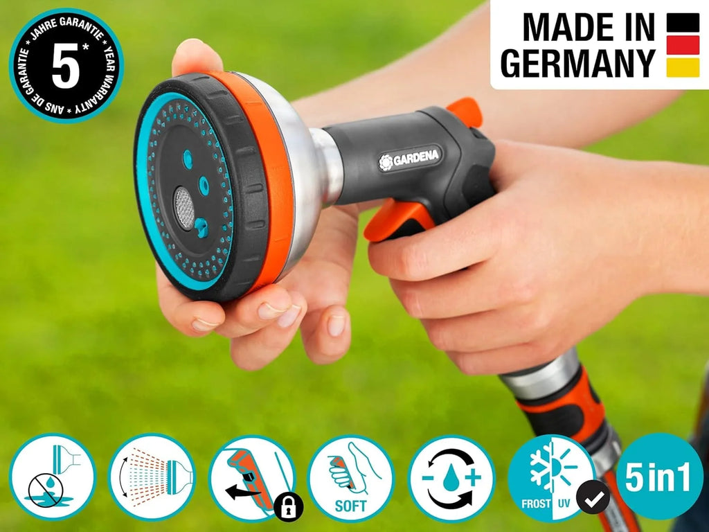 Garden Hose Spray Nozzle with Five Spray Patterns and a Lockable Front Trigger for Versatile Watering