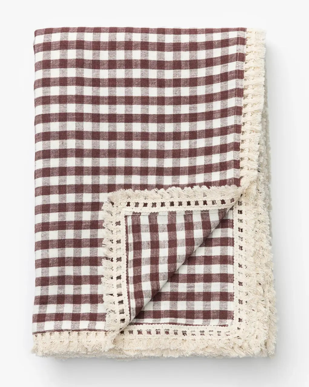 Gingham Linen Tablecloth in Brown and Off-White