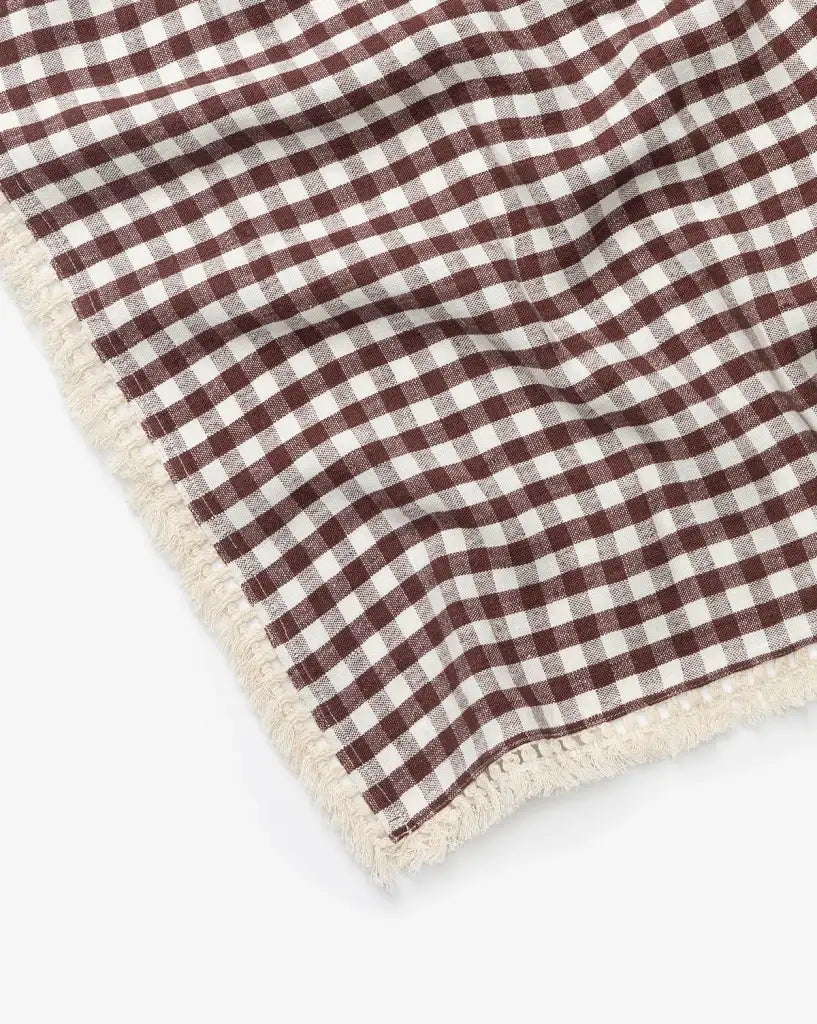 Gingham Linen Tablecloth in Brown and Off-White