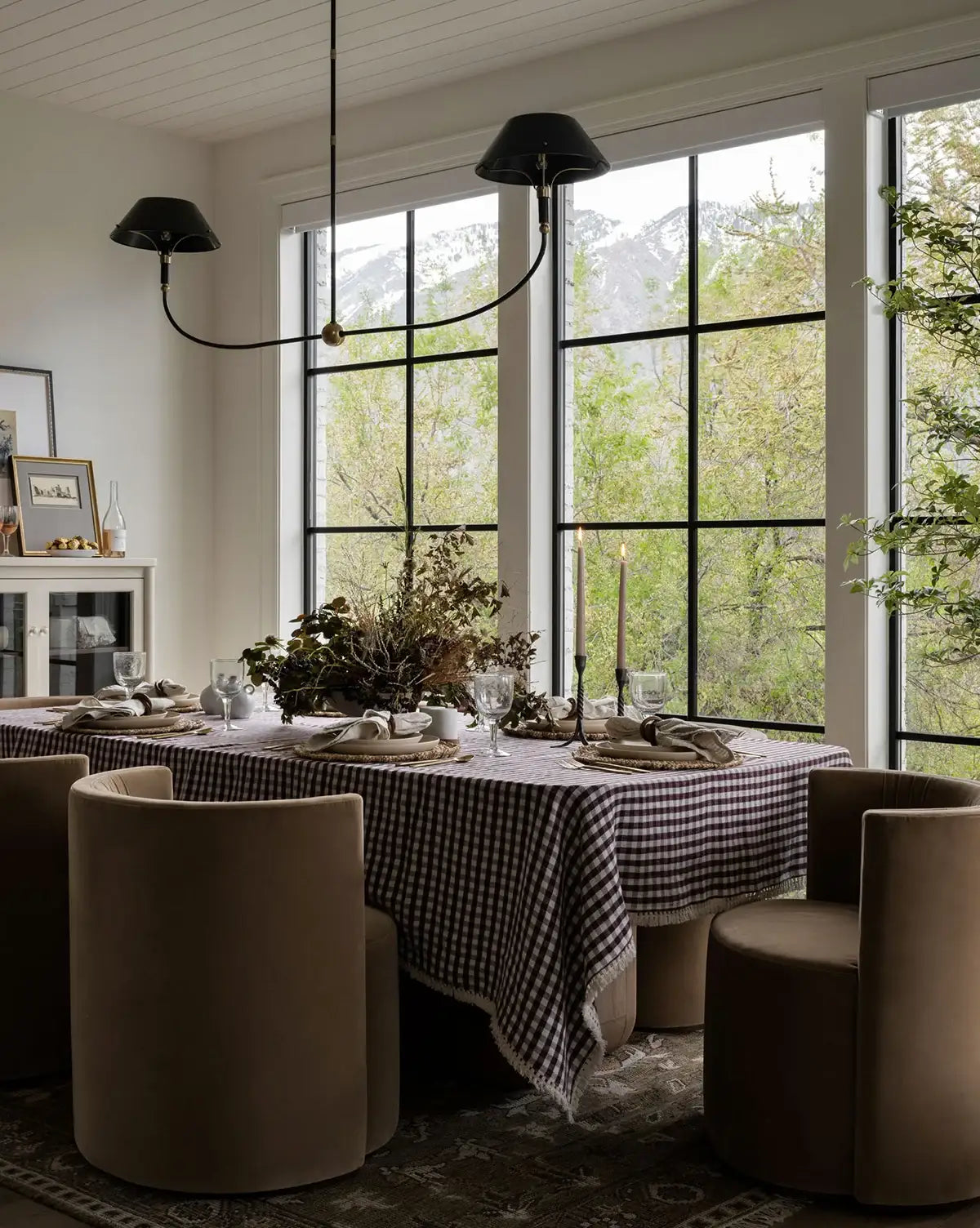 Gingham Linen Tablecloth in Brown and Off-White