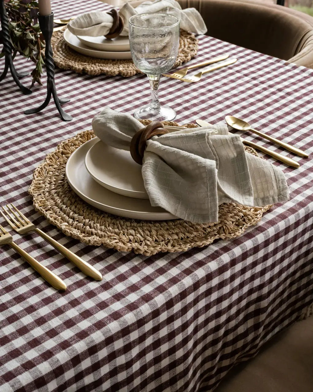 Gingham Linen Tablecloth in Brown and Off-White