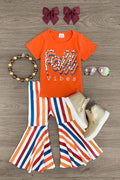 Girls' Fall Striped Bell Bottom Outfit Set with Short Sleeve Top and Stretch Waistband in 12 Sizes