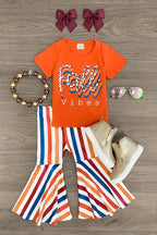 Girls' Fall Striped Bell Bottom Outfit Set with Short Sleeve Top and Stretch Waistband in 12 Sizes