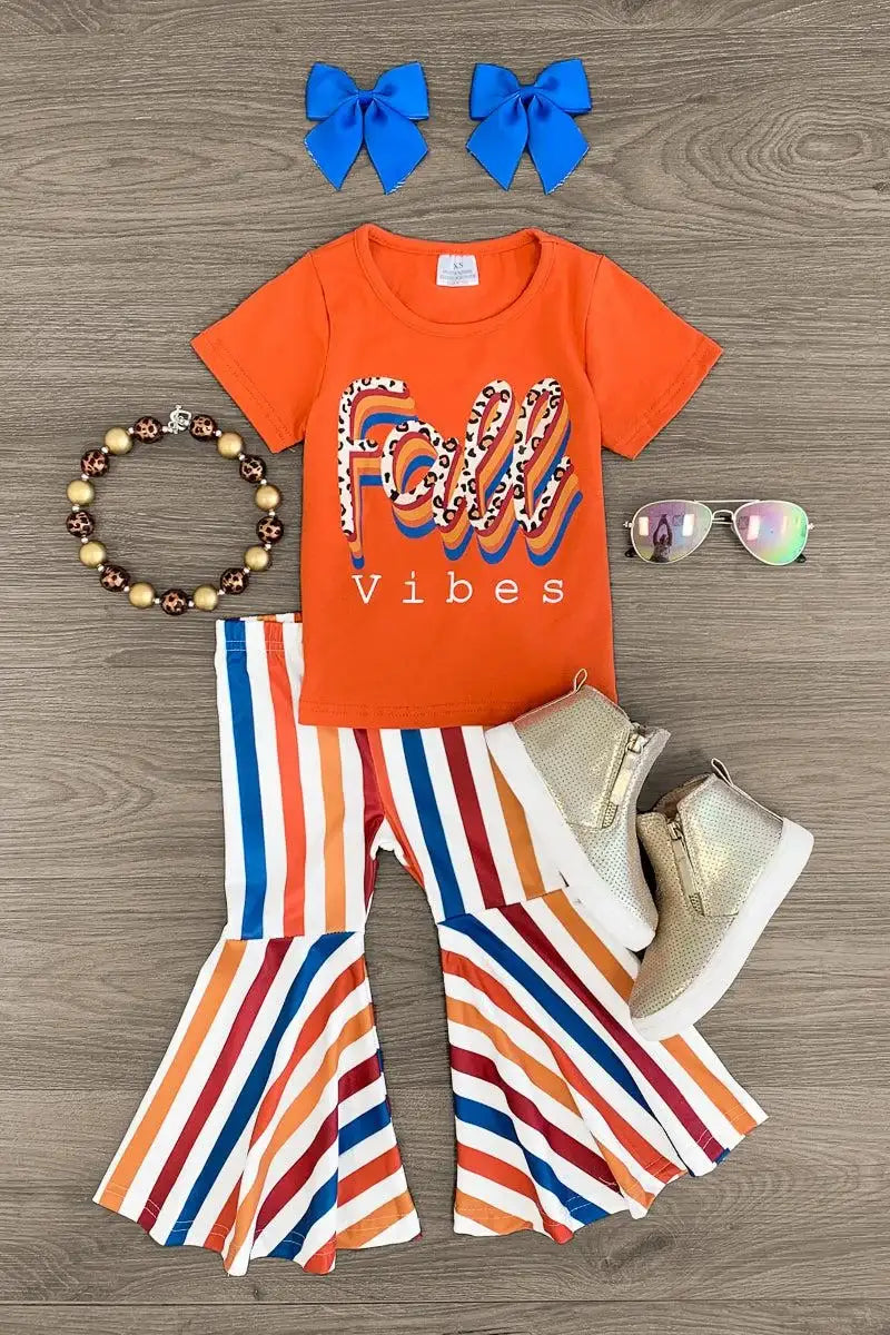Girls' Fall Striped Bell Bottom Outfit Set with Short Sleeve Top and Stretch Waistband in 12 Sizes