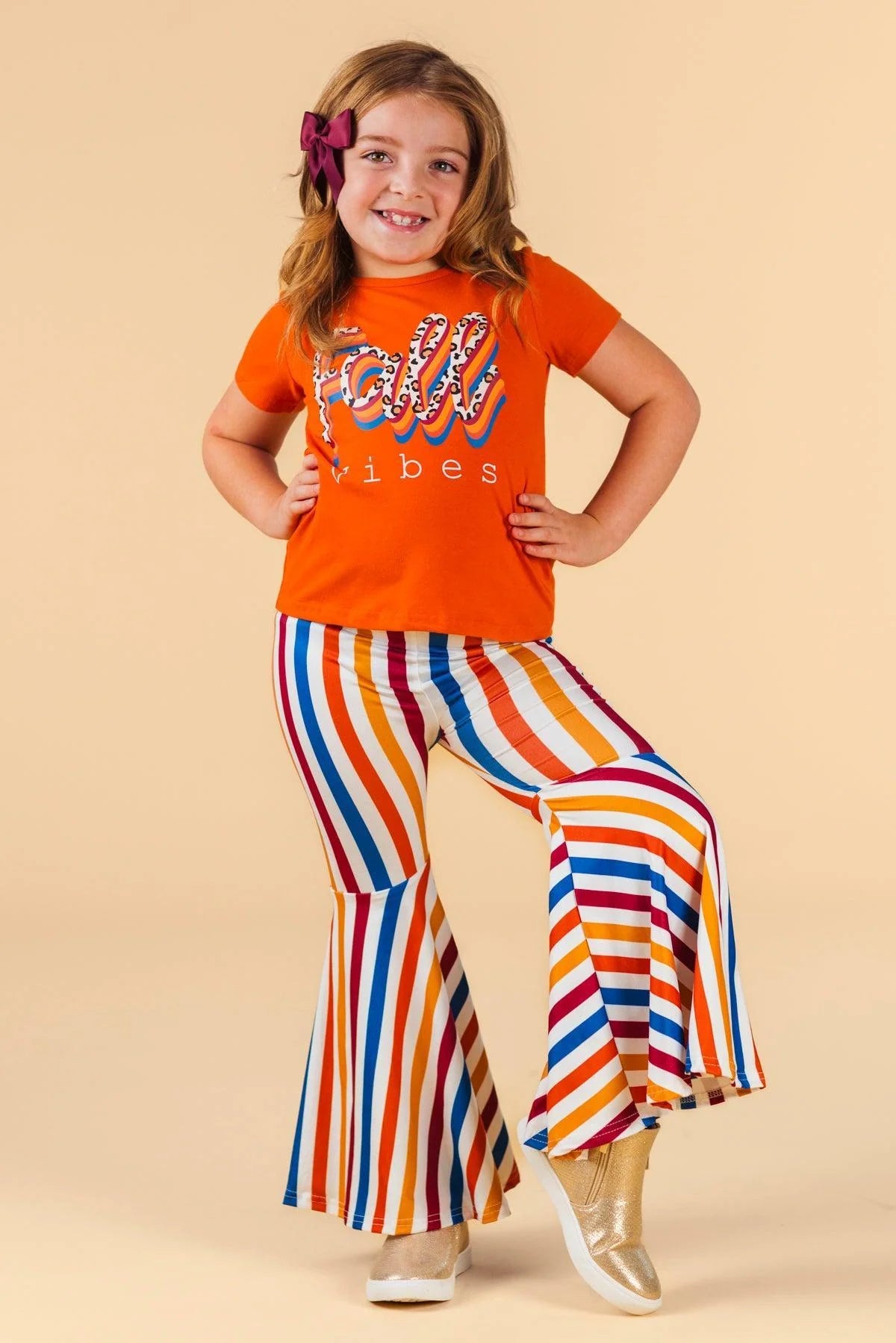 Girls' Fall Striped Bell Bottom Outfit Set with Short Sleeve Top and Stretch Waistband in 12 Sizes