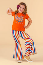 Girls' Fall Striped Bell Bottom Outfit Set with Short Sleeve Top and Stretch Waistband in 12 Sizes