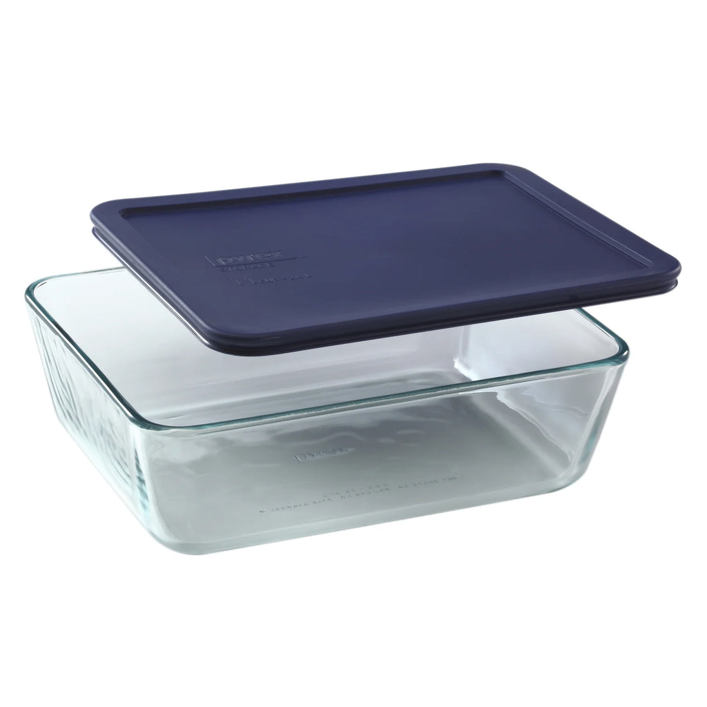 Glass Food Storage Container, 11-Cup Rectangular Pyrex Dish with Blue Lid for Storing, Reheating, and Serving
