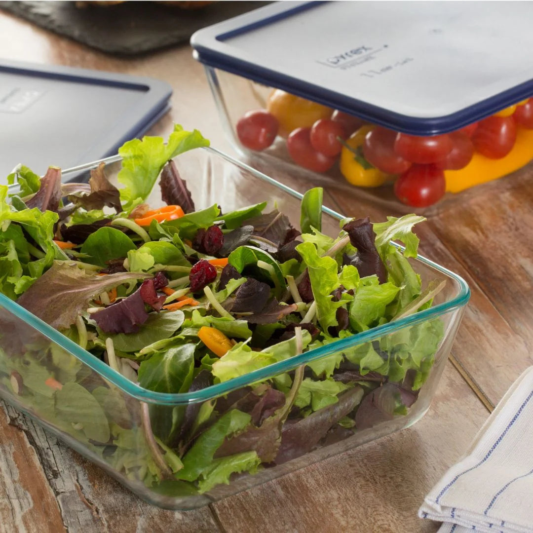 Glass Food Storage Container, 11-Cup Rectangular Pyrex Dish with Blue Lid for Storing, Reheating, and Serving