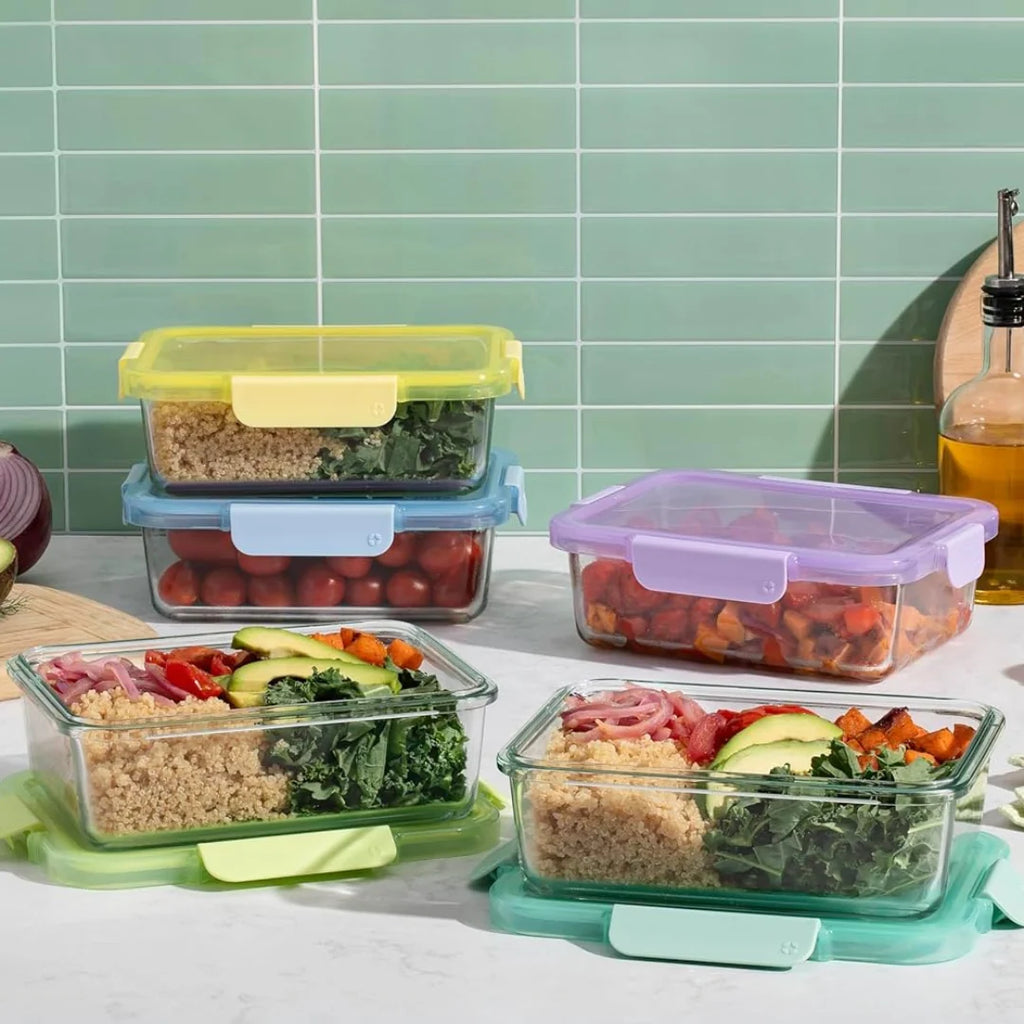 Glass Meal Prep Containers, Set of Five 5-Cup Tempered Glass Containers with Airtight Locking Lids