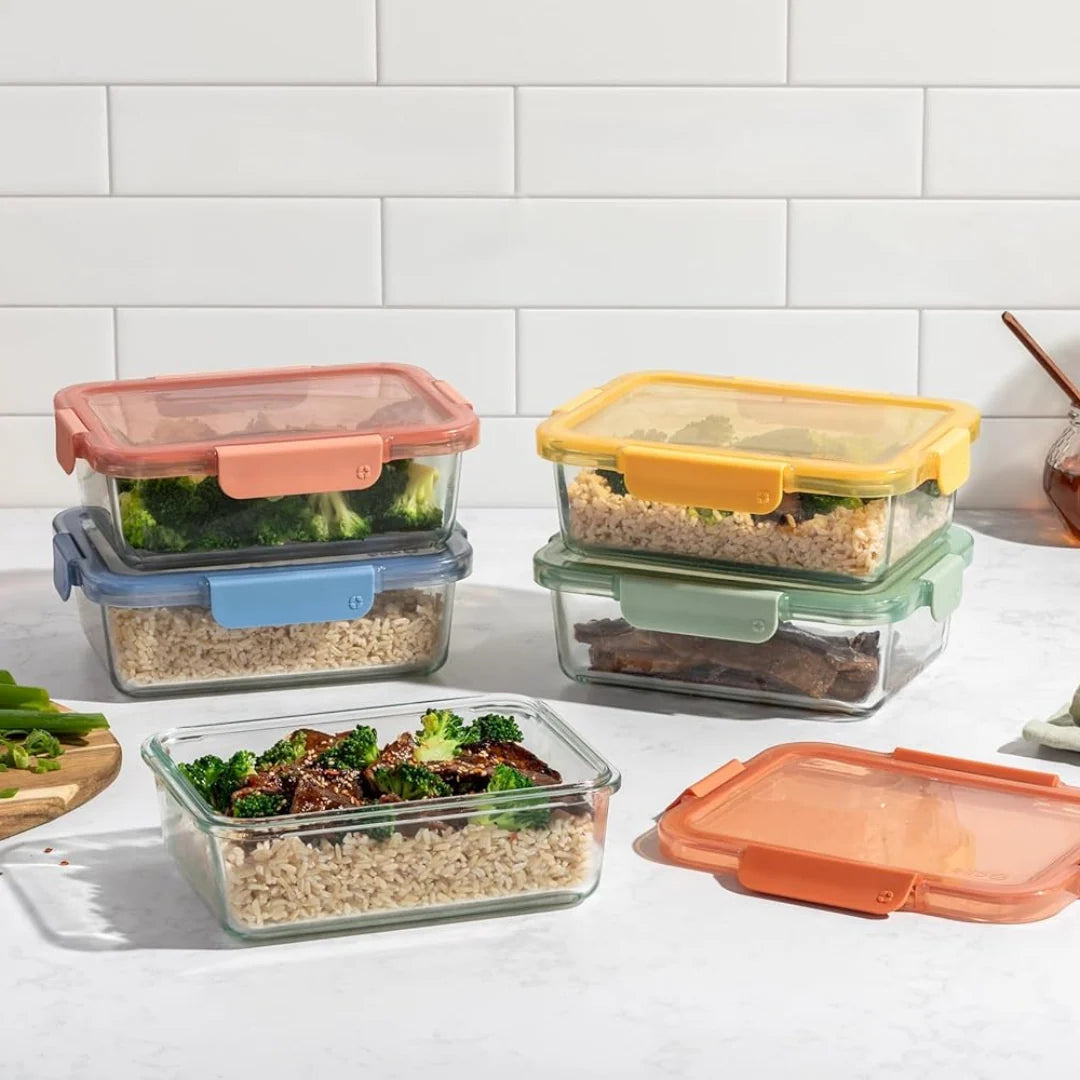 Glass Meal Prep Containers, Set of Five 5-Cup Tempered Glass Containers with Airtight Locking Lids
