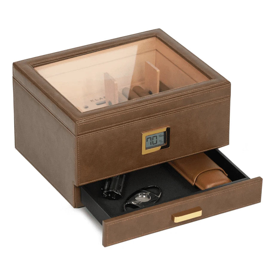 Glass Top Humidor with 5mm Cedar Lining, Digital Hygrometer, Peg System and Integrated Hydro Humidity Setup