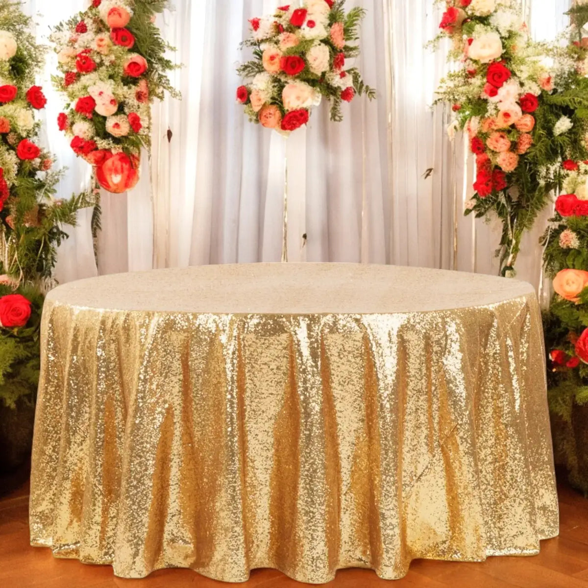 Gold Sequin Round Tablecloth, 120-Inch Diameter on a Taffeta Base