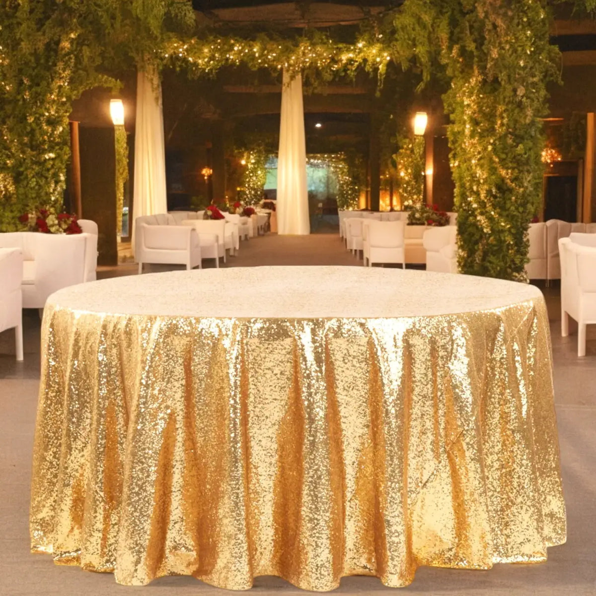 Gold Sequin Round Tablecloth, 120-Inch Diameter on a Taffeta Base