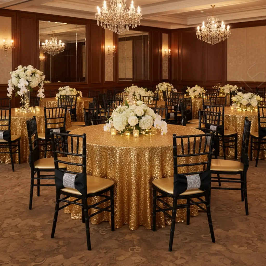 Gold Sequin Round Tablecloth, 120-Inch Diameter on a Taffeta Base